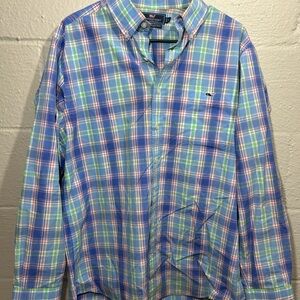 Vineyard Vines Blue and Green Plaid Button Down Shirt: Men’s Size XL